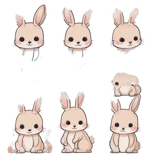 Draw a picture of a cute figure with a rabbit theme. The picture contains pictures from three angles: front view, left view, and back view. The color must be bright and cute.