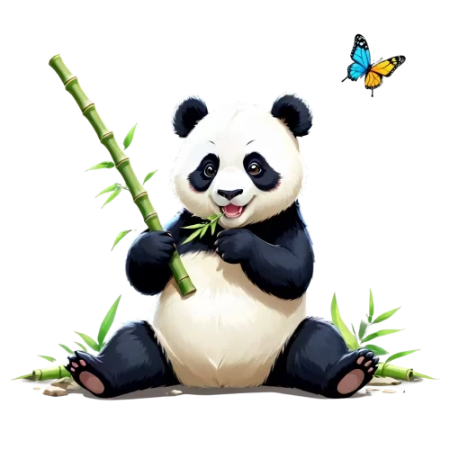 a PNG picture,panda sitting in the ground  of the shop ,eatting bamboo, full with create  ,colorful ,funful and joyful , some colorful butterflyes,some butterfly flying around the panda,cute and beauty,