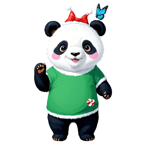 some butterfly flying around a panda who dress merry chrismas shirt, full of funful and joyful