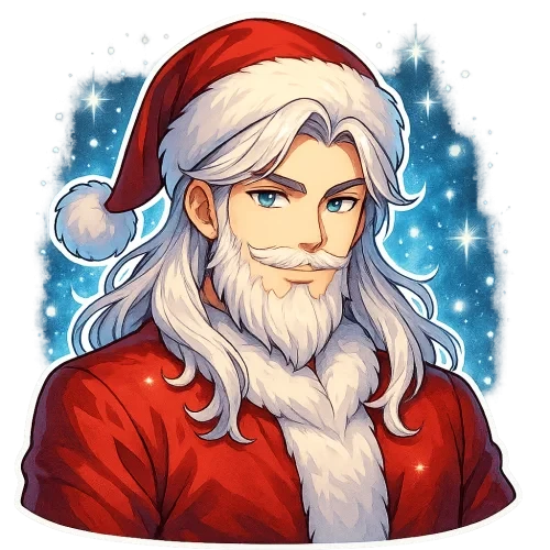 Handsome anime Santa Claus, upper body shot, full Santa hat visible, shoulders included, elegant face, bright expressive anime eyes, long silky white hair, well-groomed fluffy beard, luxurious red coat, confident side smirk smile, sparkling snow falling around, glowing winter background, vibrant colors, high-resolution 3000x3000 px, sticker-friendly, transparent background Filename: SantaAnime_SnowSparkles.png