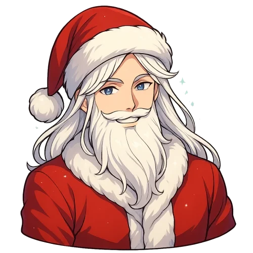 Handsome anime Santa Claus, upper body shot, full Santa hat visible, head tilted slightly to right, elegant face, bright anime eyes, long silky white hair, fluffy beard, luxurious red coat, charming mischievous smile, sparkling snow effect, vibrant colors, clean lineart, high-resolution 3000x3000 px, sticker-friendly, transparent background Filename: SantaAnime_TiltRight.png