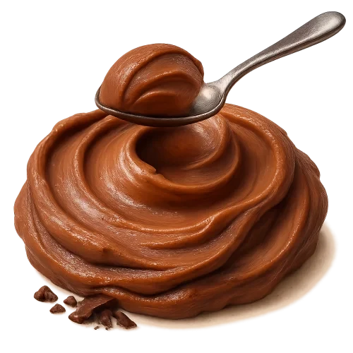 A realistic, appetizing swirl of chocolate peanut butter in rich cocoa-brown and warm nutty tones. The swirl must look natural and hand-scooped — with soft uneven ridges, gentle peaks, and organic flowing curves (NOT a perfect circle). The peanut butter should look thick, creamy, and luscious with a velvety smooth surface and natural glossy highlights, showing soft light reflections on the peaks and deeper shadows in the folds.   Place a shiny stainless-steel spoon **resting lightly on top of the swirl**, not dipped in, with a small, elegant scoop of the chocolate peanut butter sitting on the spoon — as if just lifted for tasting.   Add a few small, subtle chocolate pieces or delicate chocolate shavings near the base — elegant and minimal. Soft warm studio lighting for a cozy premium feel. Include a soft natural shadow beneath to make the swirl and spoon appear resting on the label surface.  **Transparent PNG**, no background, no bowl, no table. Centered composition, photorealistic, artisan food photography style.  **Do NOT:** make the swirl perfectly circular, too smooth like frosting, or symmetrical.