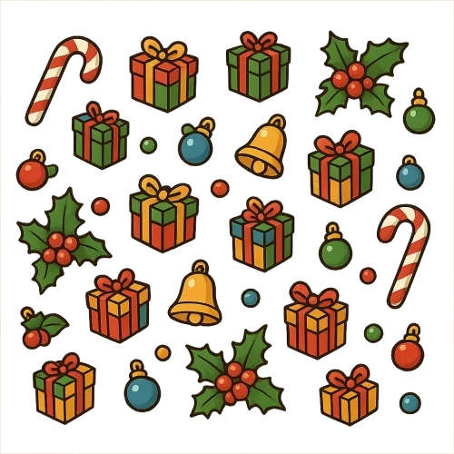 Mini Christmas decorations: candy canes, tiny gift boxes, holly berries, bells, colorful, small and scattered, festive style, vector illustration, transparent background, suitable for overlay on designs