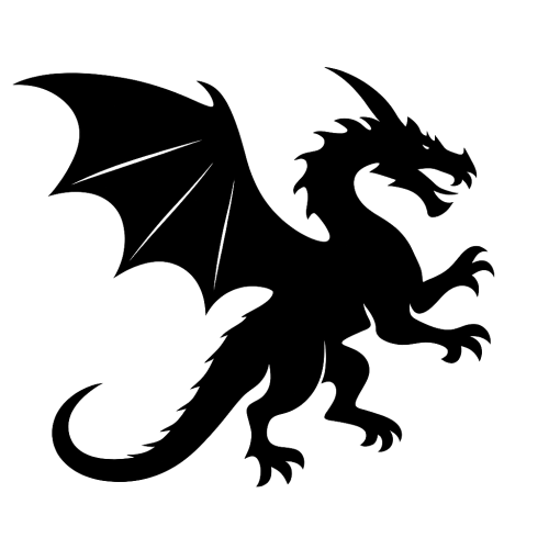 "High resolution silhouette icon of a flying dragon with wings spread, sharp edges, clean black vector design, no background, minimal but detailed fantasy style."