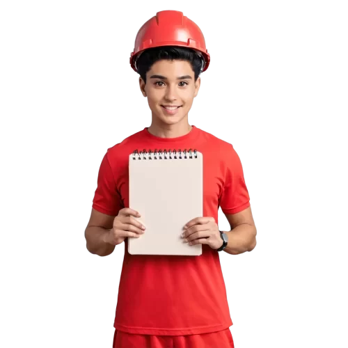 a lred character  holding a notebook