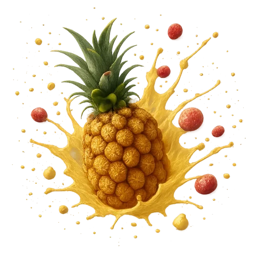 generate splash png images for pineapple and lychee with more splash and tiny fruits everywhere