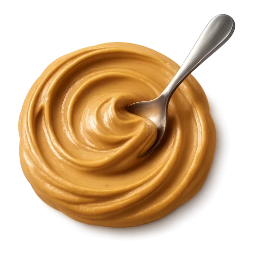 A realistic, appetizing swirl of creamy smooth chocolate peanut butter in rich golden-beige tones, with a shiny metallic spoon gently dipped into it, creating a luscious texture and natural glossy highlights. The peanut butter appears thick, smooth, and indulgent, with soft warm lighting for a premium look. Include a subtle soft shadow underneath to make it look naturally grounded, as if resting on the label surface. No background, no container — transparent PNG, centered composition, photorealistic detail.