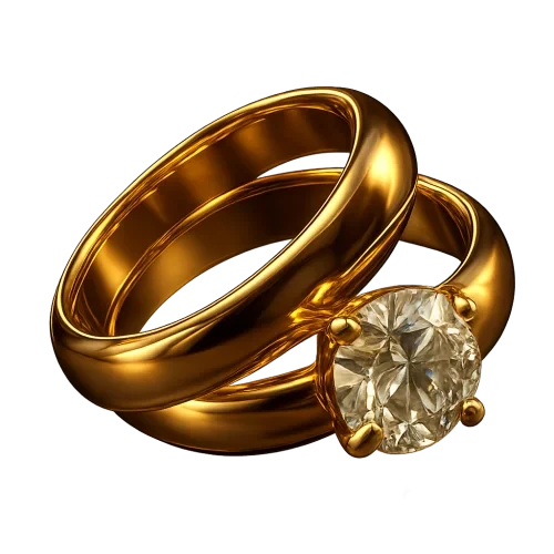 "two luxury intertwined wedding rings, 24k polished gold, flawless diamond reflections, cinematic rim light, product-level realism, transparent background, jewelry photography aesthetic"  Luxury Colors: 24k Gold + Diamond Crystal