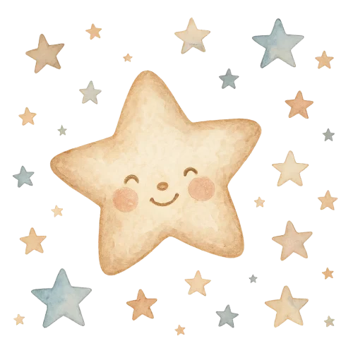 watercolor vintage baby stars, soft pastel blue beige and brown tones, gentle texture, hand-painted look, cute baby shower decoration, scattered small and large stars, transparent background, cozy warm tone