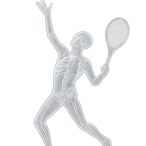 a transparent dummy man figure throwing a tennis ball into the air. i need him to be in action with his equipment too