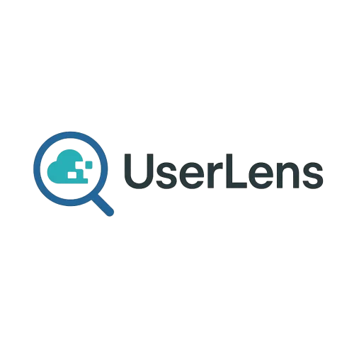 Professional modern logo for a software tool named UserLens, which lists and visualizes all a user's SaaS accounts. Icon on the left: stylized lens or magnifying glass with digital or cloud symbol, representing clarity and insight. Text “UserLens” on the right in clean sans-serif font. Blue and teal accents, minimalist vector flat style, transparent background PNG, centered horizontally, high resolution, no watermark.