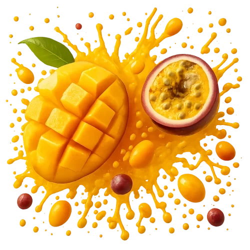generate spash image of mango and passion with more spash and tiny fruits everywehre