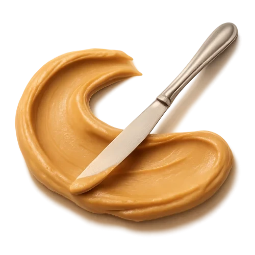 A realistic, appetizing swash of creamy smooth peanut butter spread in a gentle curved stroke, rich golden-beige tones, with a shiny butter knife resting lightly on the swash, as if just used to spread it. The peanut butter appears thick, velvety, and indulgent with natural glossy highlights and subtle texture lines from the knife. Soft warm studio lighting for a premium, cozy feel. Include a soft, natural shadow beneath both the peanut butter and knife so they appear physically resting on the label surface. No background, no plate, no table — transparent PNG. Centered composition, photorealistic, artisan food photography quality. swash shape slightly flowing and graceful, like a painterly motion