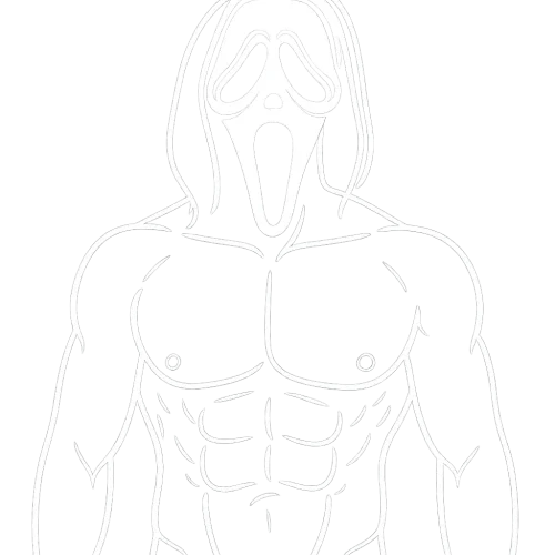 A white outline of Ghostface from the Scream movie, with no black robe, with man's bare chest and visible abs, transparent background