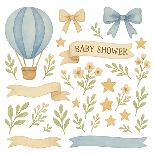 watercolor vintage baby shower decoration elements, small floral sprigs, leaves, ribbons, bows and stars, pastel blue beige and brown colors, hand-painted texture, gentle and cute, transparent background, high quality illustration