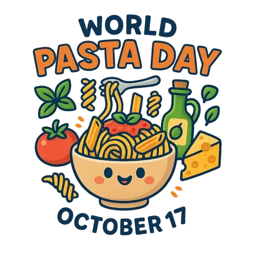 A fun, colorful vector illustration celebrating World Pasta Day – 17th October. A happy cartoon-style pasta bowl with spaghetti, penne, and fusilli noodles, surrounded by Italian ingredients like tomatoes, basil, olive oil, and cheese. Include playful typography that says ‘World Pasta Day – October 17’. The design should have a cheerful, festive feel, suitable for t-shirts and stickers. Transparent background, high resolution (5000px × 5500px, 150 dpi), centered composition, no background scene.”