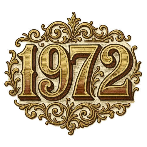 Elegant vintage typography logo of the text ‘1972’, inspired by early 1900s ornate English design. Decorative serif lettering with layered effects, gold and deep maroon color palette, embossed shadows and intricate ornamental flourishes around the text. Old-fashioned engraving style, rich texture, and classic layout similar to antique packaging design. Centered composition, transparent background, high-resolution PNG, clean edges.