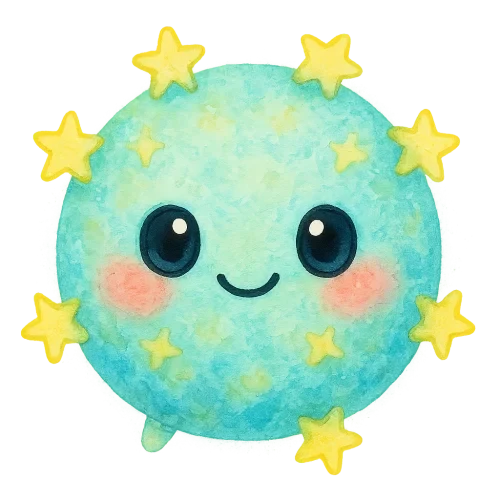 rich vibrant watercolor illustration, cute kawaii microbiology character, round T-cell hero with tiny star-shaped surface receptors, pastel mint, baby blue, and lemon pigments softly blended, confident friendly expression, big shiny eyes, rosy cheeks, soft edges, no text, no border, transparent background