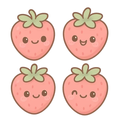 Kawaii strawberries, cute cartoon style, pastel red with green leaves, soft outlines, chibi illustration, PNG transparent background