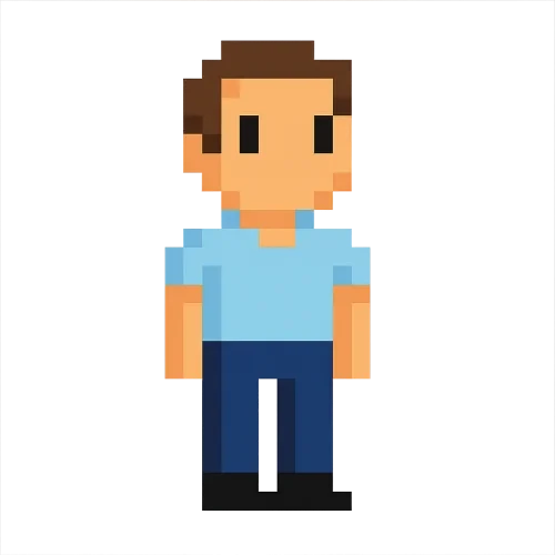 UNA PERSONA PIXELART QUE TENGA CAMISA AZUL CLARO Y UN PANTALON AZUL OSCURO Y QUE NO TENGA BARBA