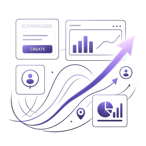 Futuristic premium marketing illustration of campaign creation and optimization. Shows digital interface elements: dashboards, pop-up windows, targeting icons, data analytics symbols. Dynamic composition with glowing arrows and curved trendlines representing growth and automation. Neon purple accents, dark gray and black tones, soft reflections, cinematic lighting, smooth gradients. High detail, clean and modern style. Transparent background, isolated design for website or presentation. Futuristic marketing visuals, smart digital strategy, conversion optimization.