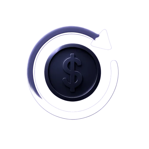 A premium, futuristic minimal icon representing money-back guarantee. Shows a circular arrow around a coin or currency symbol, suggesting refund or return. Neon purple accents, dark gray tones, subtle reflections, soft glow. Simple and clear shapes, no background, transparent backdrop, isolated icon design. Minimal composition with strong symbolic clarity, optimized for small-size use, consistent with futuristic marketing visuals.