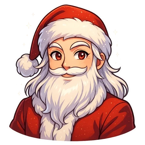 Handsome anime Santa Claus, upper body shot, full Santa hat visible, shoulders included, elegant face, bright expressive anime eyes, long silky white hair, fluffy beard, luxurious red coat, playful cute smirk, sparkling snow effect, vibrant colors, high-resolution 3000x3000 px, sticker-friendly, transparent background Filename: SantaAnime_CuteSmirk.png
