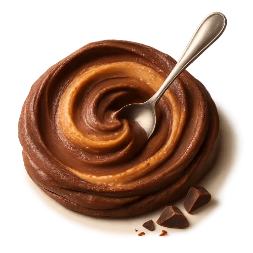 A realistic, appetizing swirl of chocolate peanut butter in rich cocoa-brown and warm nutty tones. The swirl should look natural and hand-scooped — with soft uneven ridges, gentle peaks, and organic curves (not a perfect circle). The texture appears smooth, velvety, and glossy with natural highlights. A shiny metallic spoon rests gently in the swirl as if just used. Add a few small chocolate pieces or delicate chocolate shavings near the base — elegant, minimal, not scattered. Soft warm studio lighting for a cozy premium feel. Include a subtle soft shadow underneath to make the swirl and spoon look naturally grounded on the label surface. **Transparent PNG**, no background, no bowl, no table. Centered composition, photorealistic, premium artisan food photography style.  **Do NOT:** make the swirl perfectly circular or symmetrical.