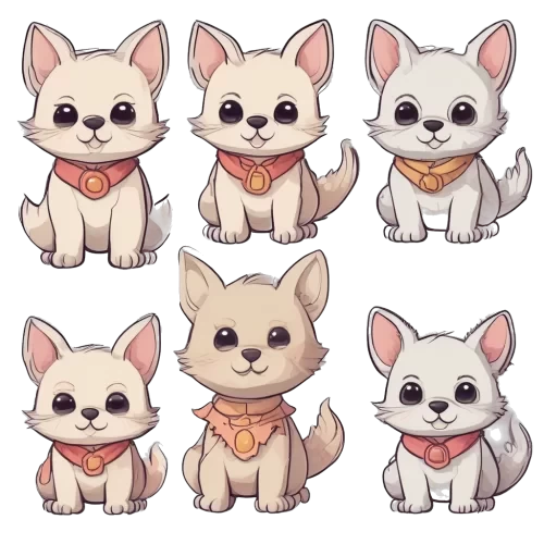 Draw a picture of a cute animal-themed figure. The picture includes a front view, a left view, and a back view.