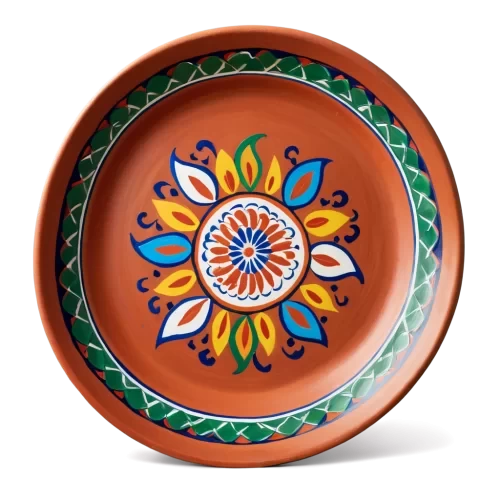 A vibrant, artistic, image of a stylized traditional Bangladeshi clay plate, angled slightly to the right, The plate is a rich, reddish-brown terracotta, featuring an intricate, hand-painted, colorful Alpona design around the rim, evoking the spirit of Pahela Boishakh. The plate is filled with a stylized rendition of Panta Bhat (soaked rice), depicted with visible grains and subtle water reflections.  Beside it is a beautifully rendered, slightly cartoonish Ilish Mach (Hilsa fish) with exaggerated, shimmering silver scales. Surrounding them are various colorful, stylized Bengali sweets like  gurer sandesh, nolen gurer payesh, and patishapta,  each distinct and visually appealing, arranged artfully.  The lighting should be bright and celebratory, casting soft shadows that add depth but do not obscure the food. The overall style should be reminiscent of traditional Bangladeshi folk art, clean and uncluttered. detailed, highly sharp, clear, clean line, artistic, eye catching, very attractive, 128k extremely realistic,  uhd.