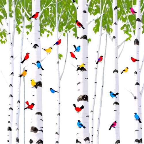 birch trees with colorful birds