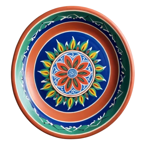 A vibrant, artistic, image of a stylized traditional Bangladeshi clay plate, angled slightly to the right, The plate is a rich, reddish-brown terracotta, featuring an intricate, hand-painted, colorful Alpona design around the rim, evoking the spirit of Pahela Boishakh. The plate is filled with a stylized rendition of Panta Bhat (soaked rice), depicted with visible grains and subtle water reflections.  Beside it is a beautifully rendered, slightly cartoonish Ilish Mach (Hilsa fish) with exaggerated, shimmering silver scales. Surrounding them are various colorful, stylized Bengali sweets like  gurer sandesh, nolen gurer payesh, and patishapta,  each distinct and visually appealing, arranged artfully.  The lighting should be bright and celebratory, casting soft shadows that add depth but do not obscure the food. The overall style should be reminiscent of traditional Bangladeshi folk art, clean and uncluttered. detailed, highly sharp, clear, clean line, artistic, eye catching, very attractive, 128k extremely realistic,  uhd.