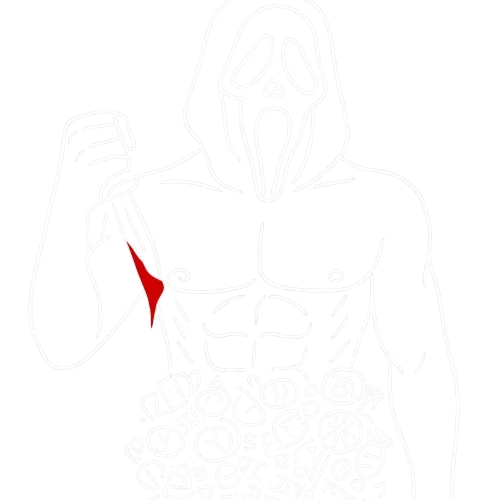 a white outline of Ghostface with a bloody knife, bare chest, abs, v-line, covered in halloween candies, transparent background