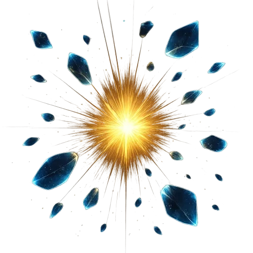 Gold light burst with floating glass particles, ultra-luxury, photorealistic, sapphire neon glow, transparent background