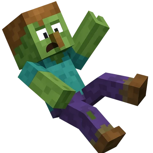 A Minecraft-style zombie villager, blocky and pixelated, shown from a side view. The zombie villager is mid-fall backwards with arms flailing and one leg bent, wearing tattered clothes and a surprised expression. The art should be sharp and clean — no motion blur and no shadow — and match Minecraft’s blocky texture style. Use a transparent or white background with bright, even lighting. no fingers, don't forget the nose!