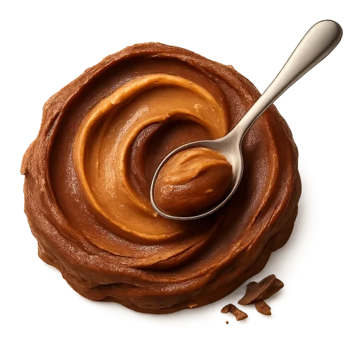 A realistic, appetizing swirl of chocolate peanut butter in rich cocoa-brown and warm nutty tones. The swirl must look natural and hand-scooped — with soft uneven ridges, gentle peaks, and organic flowing curves (NOT a perfect circle). The peanut butter should look thick, creamy, and luscious with a velvety very smooth surface and natural glossy highlights, showing soft light reflections on the peaks and deeper shadows in the folds.   Place a shiny stainless-steel spoon **resting on the swirl**, not dipped in, with a small, elegant scoop of the chocolate peanut butter sitting on the spoon. Add a few small, subtle chocolate pieces or delicate chocolate shavings near the base — elegant and minimal. Soft warm studio lighting for a cozy premium feel. Include a soft natural shadow beneath to make the swirl and spoon appear resting on the label surface.  **Transparent PNG**, no background, no bowl, no table. Centered composition, photorealistic, artisan food photography style.  **Do NOT:** make the swirl perfectly circular, too smooth like frosting, or symmetrical.