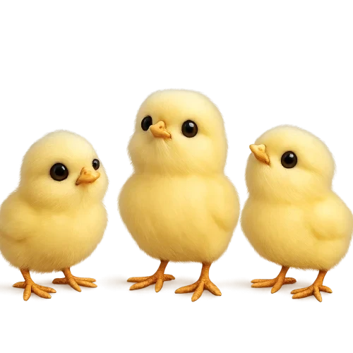 On a transparent background  Realistic and animated style Three small 3D chicks, realistic and animated They don't move, they're looking up They're cute and three-dimensional