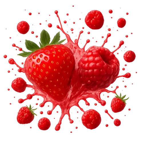 generate spash image of strawberry and raspberry with more spash and tiny fruits everywehre
