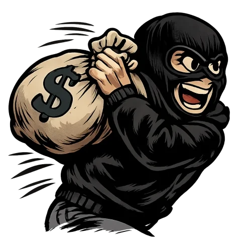 A mature vintage cartoon-style illustrated character in dynamic right profile from waist up, wearing a black wool balaclava showing only expressive eyes and mouth with a crazed wild expression, a plain black hoodie with high contrast suitable for printing on a black T-shirt, struggling while running and gripping a heavy cloth money bag with a large $ symbol by the top knot with both hands in a rough, desperate way like a vagabond carrying his loot, the money bag supported on his right shoulder and leaning partly against his back as if weighing a lot, classic cartoon line art with varied line thickness and expressive bold outlines, clear sense of intense motion and urgency, slight muted color palette and subtle shading, transparent background, high resolution PNG with no extra elements.