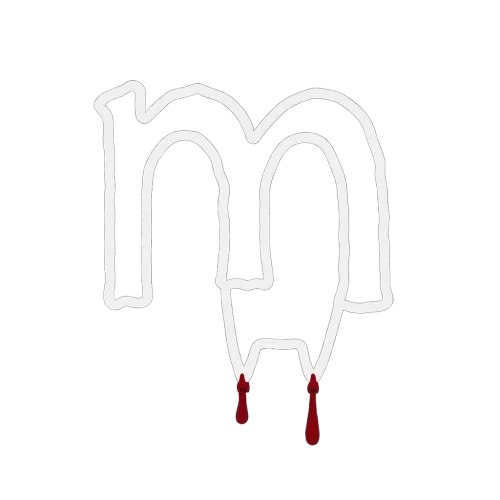 a white spooky outline of the lowercase letter m with bloody fangs