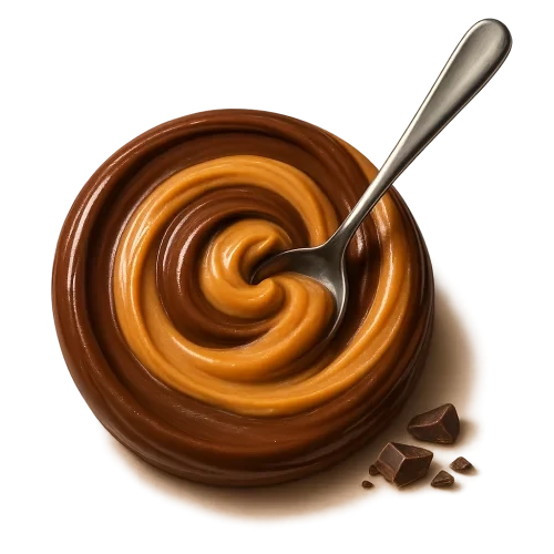 A realistic, appetizing swirl of chocolate peanut butter in rich cocoa-brown and warm nutty tones, with a shiny metallic spoon gently dipped into the swirl. The texture appears luscious ,smooth, velvety, and indulgent with natural glossy highlights. Add a few small, subtle chocolate pieces or shavings resting softly near the swirl to hint at real chocolate flavor — elegant, not messy. Soft, warm studio lighting for a cozy premium feel. Include a gentle shadow underneath to make the swirl and spoon look naturally grounded, as if resting on the label surface. No background, no bowl, no container — transparent PNG, centered composition, photorealistic detail, artisanal food photography style.