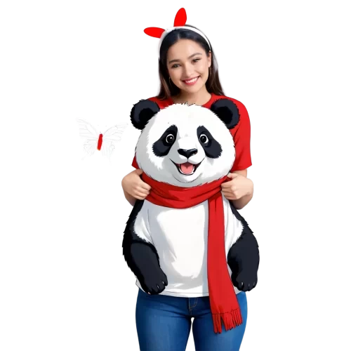 some butterfly flying around a panda who dress merry chrismas shirt, full of funful and joyful