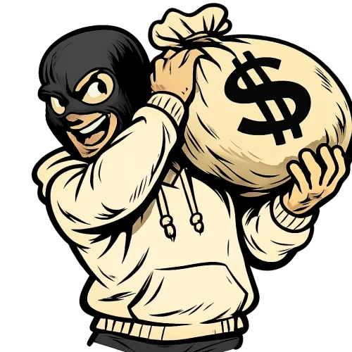 A mature vintage cartoon-style illustrated character in dynamic right profile from waist up, wearing a black wool balaclava showing only eyes and mouth with a crazed wild expression, a basic white hoodie, holding a heavy cloth money bag with a large $ symbol supported on his right shoulder and leaning partly against his back with both hands as if weighing a lot, classic cartoon line art with varied line thickness and expressive bold outlines, slight muted color palette and subtle shading, transparent background, high resolution PNG with no extra elements.