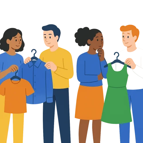 reference google.com website style illustration style with a clean, transparent background and characters in different poses. Based on  my request for a similar illustration where characters are looking at clothes they want to buy,