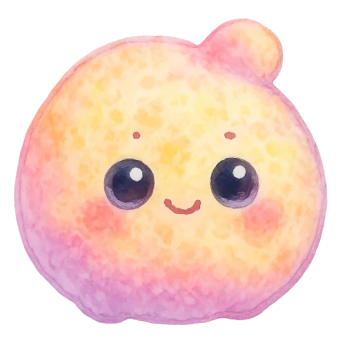 rich vibrant watercolor illustration, cute kawaii microbiology character, chubby round pastel rainbow yeast buddy, soft bumpy surface like rising dough, gentle bubbly texture, warm peach, pastel pink, lavender and buttercream yellow blending, big shiny eyes with pale blue and pale pink highlights so they do not disappear on transparency, tiny dot eyebrows, small smiling mouth, rosy cheeks, soft edges, no text, no border, transparent background