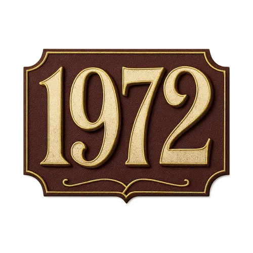 Vintage typography logo of the text ‘1972’, elegant and refined serif lettering inspired by early 1900s design. Smooth gold and warm maroon color palette with subtle shadows and soft highlights. Minimal ornamentation, delicate border flourishes, and balanced composition. Clear readability, embossed effect with gentle depth, refined vintage poster style. Transparent background, high-resolution PNG