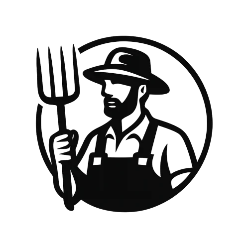 a logo of a farmer holding a folk