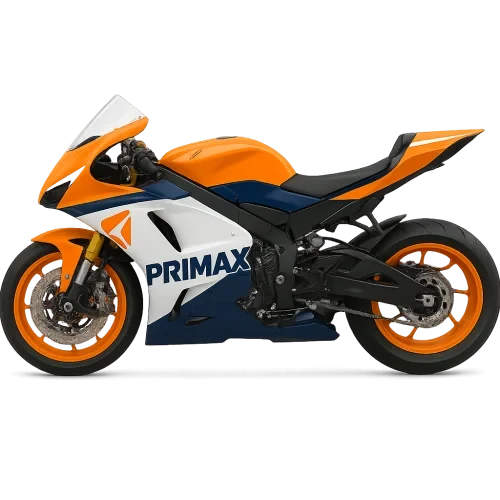 Una moto tipo motogt con los colores de y el logo de Primax