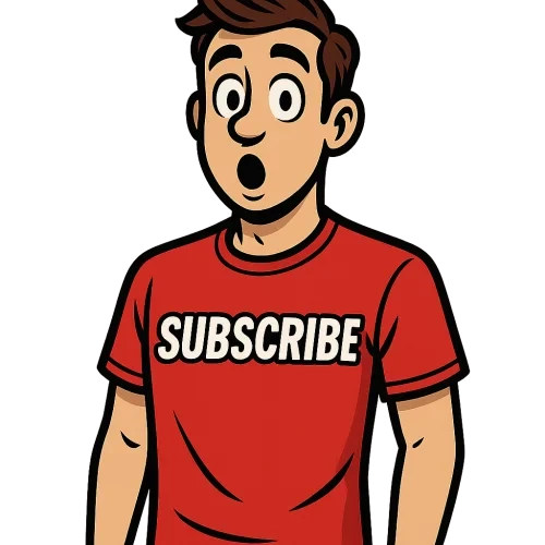 {   "prompt": "Comic-style human male character with a friendly expression, wearing a bright red T-shirt with the word 'SUBSCRIBE' in bold white letters. Character has an O-shaped open mouth (same simple talking shape), expressive cartoon eyes, clean outlines, and bold comic shading. Full-body or mid-torso (artist's choice), transparent background, PNG style, crisp vector-like lines." }