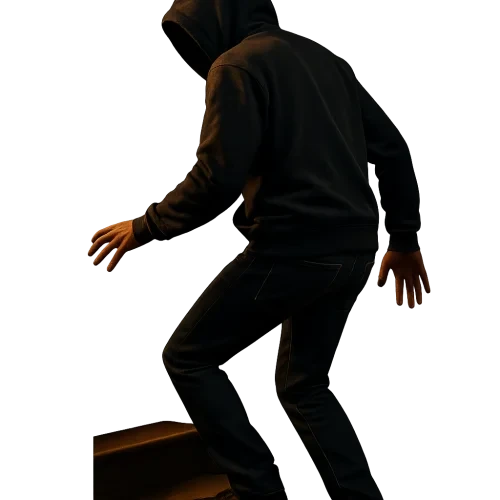 Full-body hooded intruder creeping up a staircase, three-quarter back/side view, face mostly hidden by hood, dark hoodie and dark jeans, non-reflective shoes, subtle motion blur on hands, photorealistic, low-key warm indoor lighting from top-left, soft shadows, high detail. Transparent background. PNG with alpha, portrait orientation."